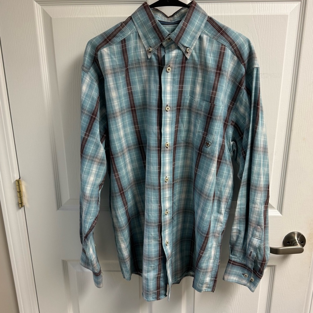 Ariat Men's Blue Plaid Shirt Has Some Stains Work‎ Farmer 100% Cotton
